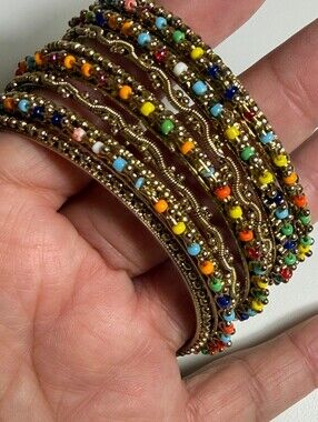 Set of Colorful Beaded Gold Tone Bangles Bracelets
